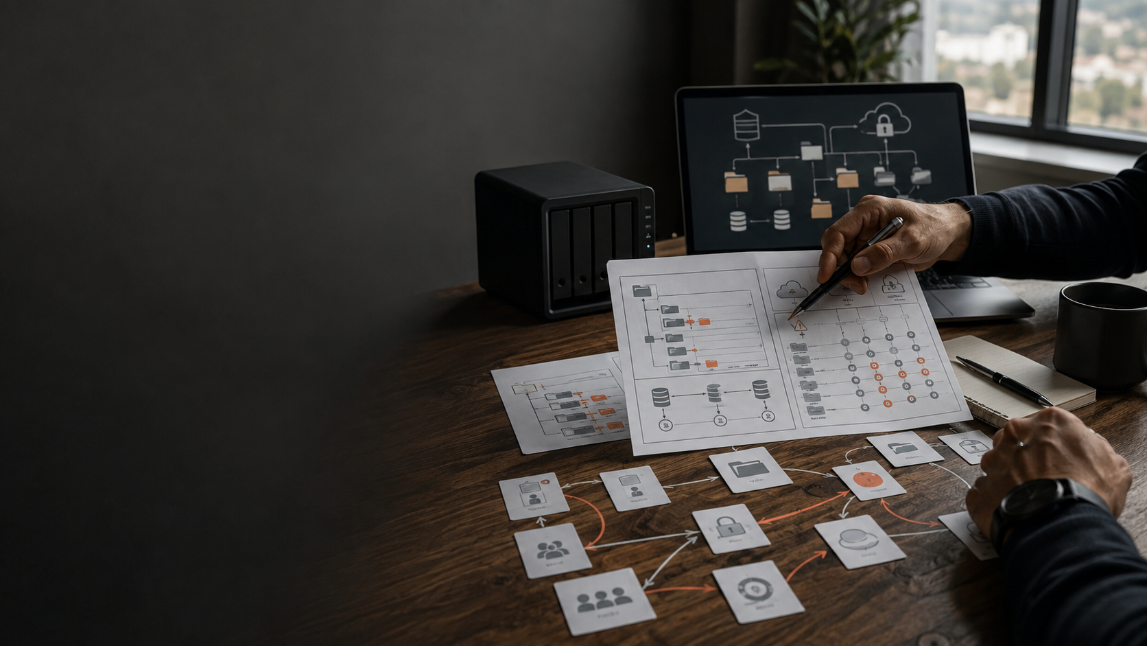 Sesión de trabajo: diagramas de flujo de datos sobre la mesa y arquitectura de información en pantalla